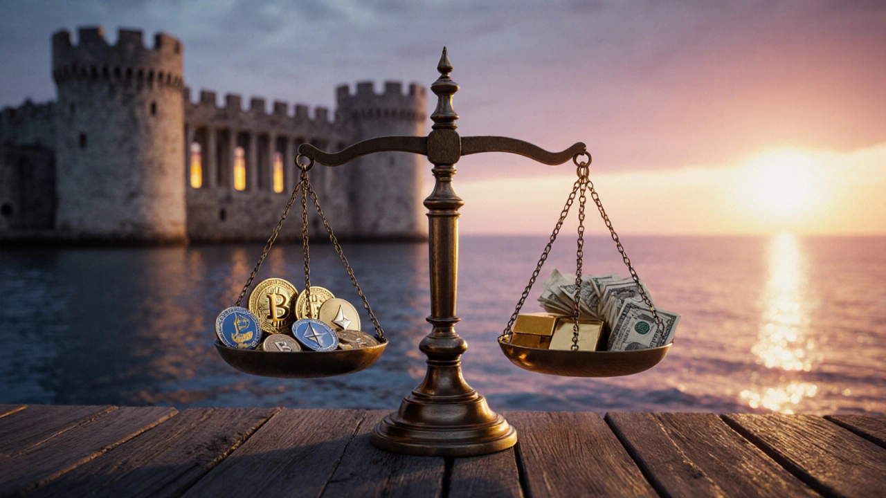 Balanced scale with crypto, gold, and cash under sunrise, symbolizing risk mitigation.