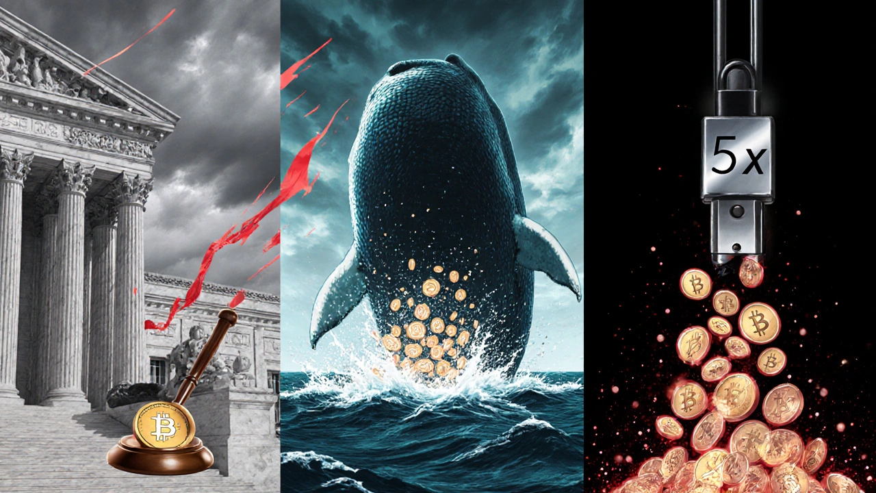 Illustration of a gavel hitting a stablecoin, whale dumping coins, and broken lever showing crash triggers.