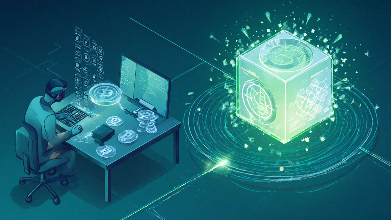 Isometric illustration showing transactions flowing into a block with hash calculations.