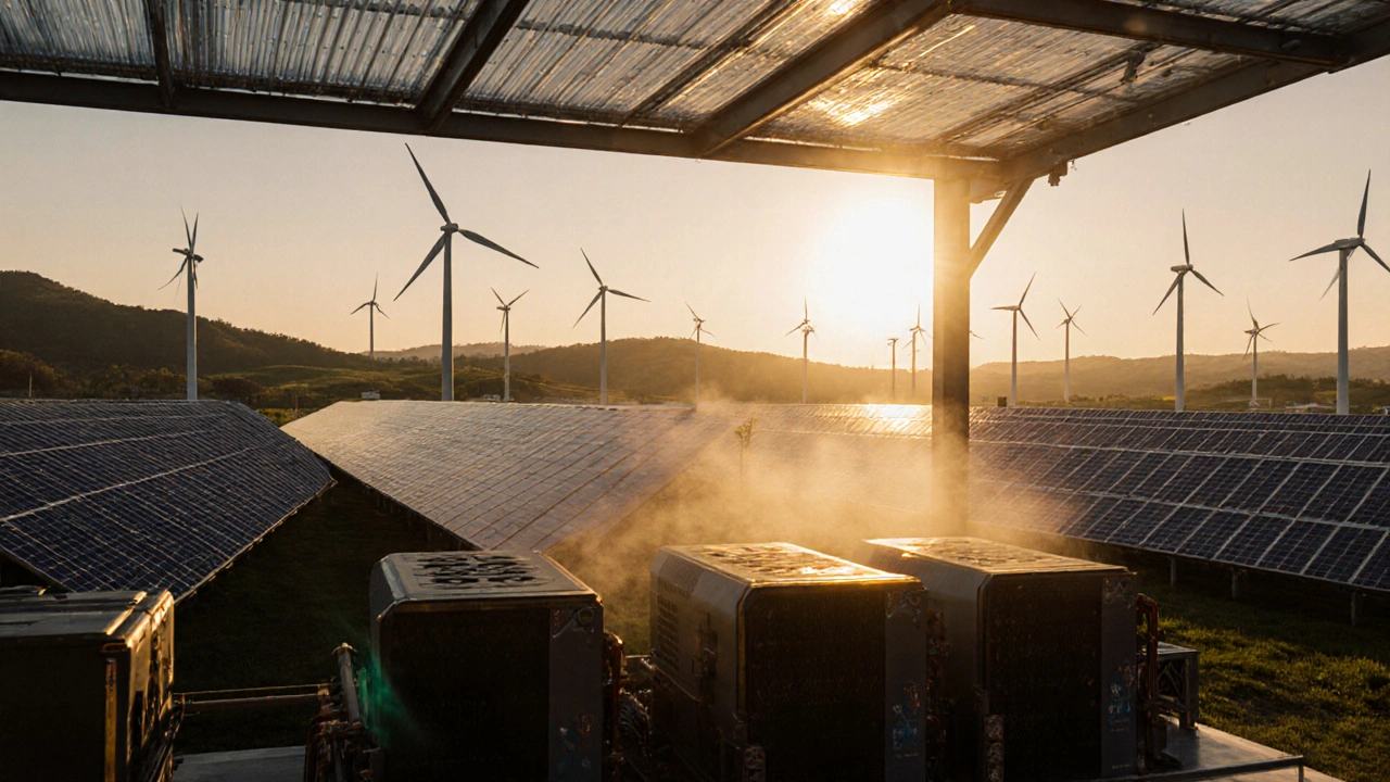 Solar and wind powered Bitcoin mining farm at sunrise with ASIC rigs.