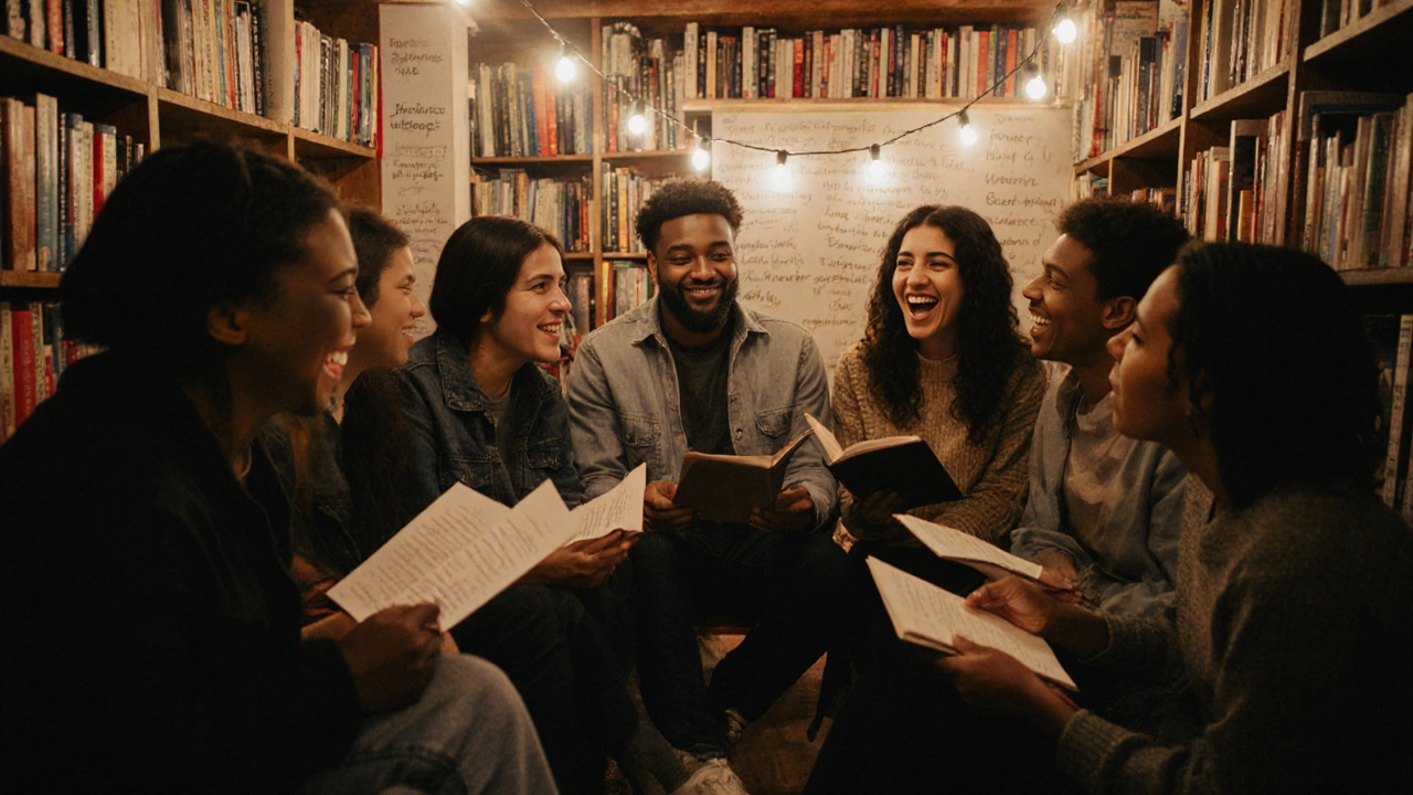 A group of artists sharing work in a cozy bookstore basement, lit by string lights and surrounded by books.