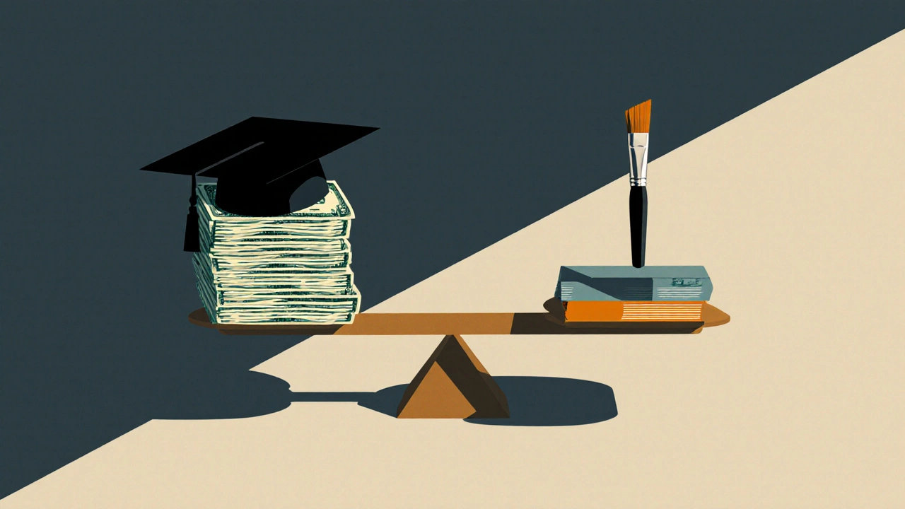 A scale balancing a graduation cap against a stack of money, with a paintbrush and book on the lighter side.