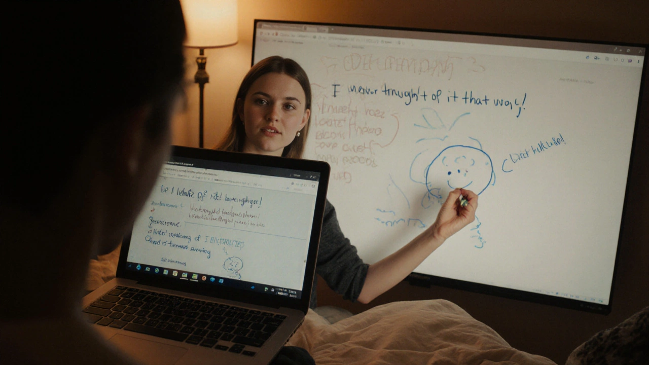 A student recording a video explanation of a concept using a whiteboard and peer feedback visible.