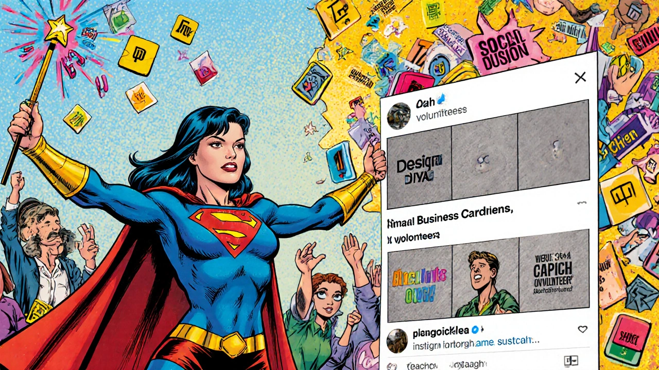 A superheroine using drag-and-drop icons to transform a blank canvas into vibrant social media graphics.