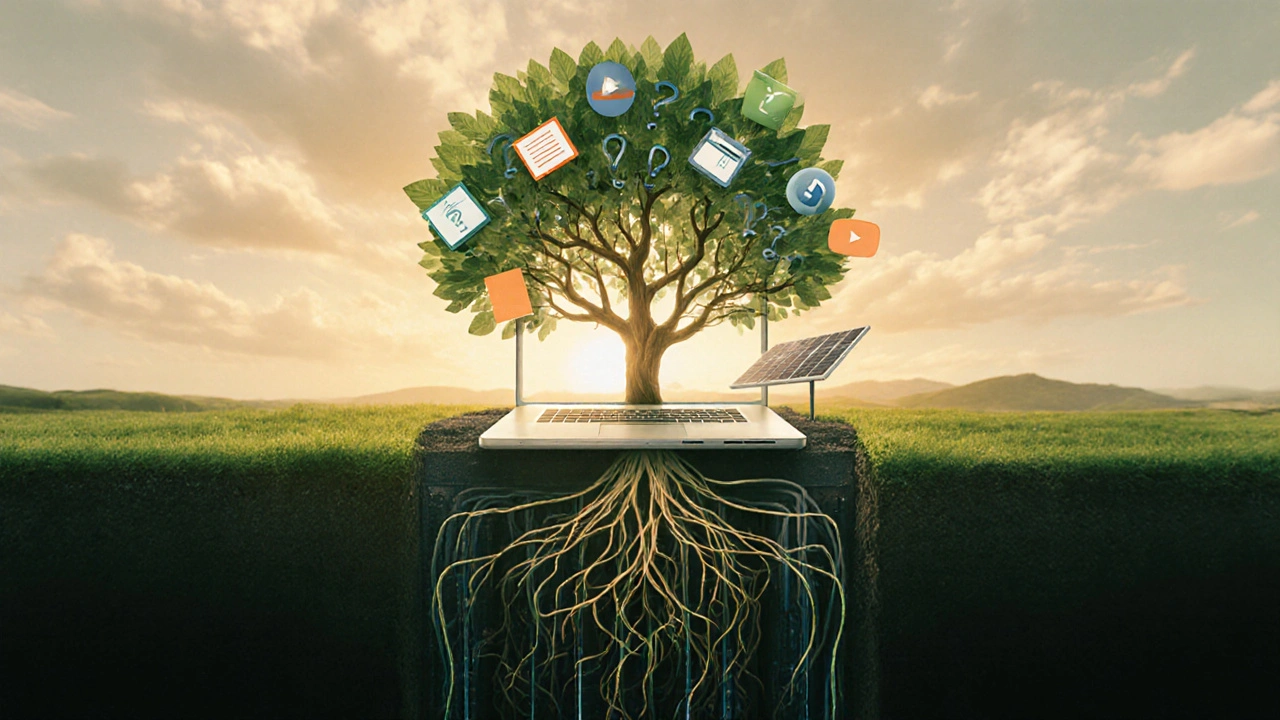 A tree growing from a laptop with network cable branches and learning icon leaves, rooted in a solar-powered data center.