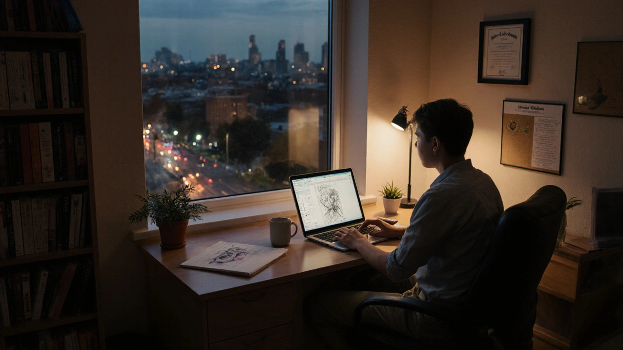 Adult studying online for an MFA in a cozy home office at night.