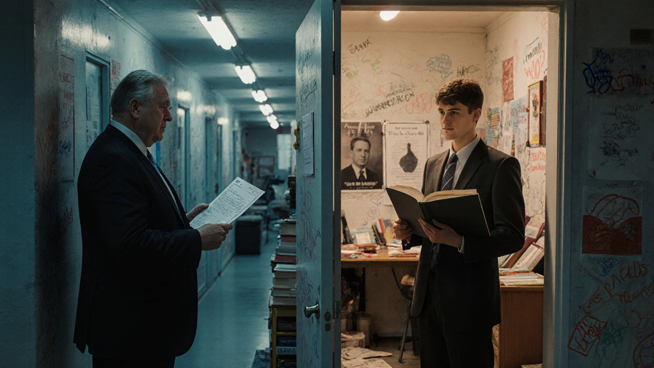 An applicant stands confidently holding a manuscript as an admissions officer examines their low transcript.