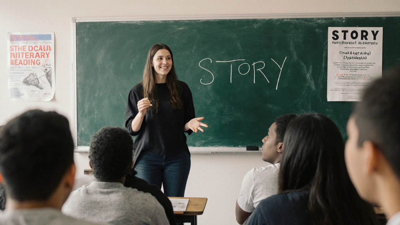 An MFA graduate teaching a creative writing class at a community college, students engaged in discussion.