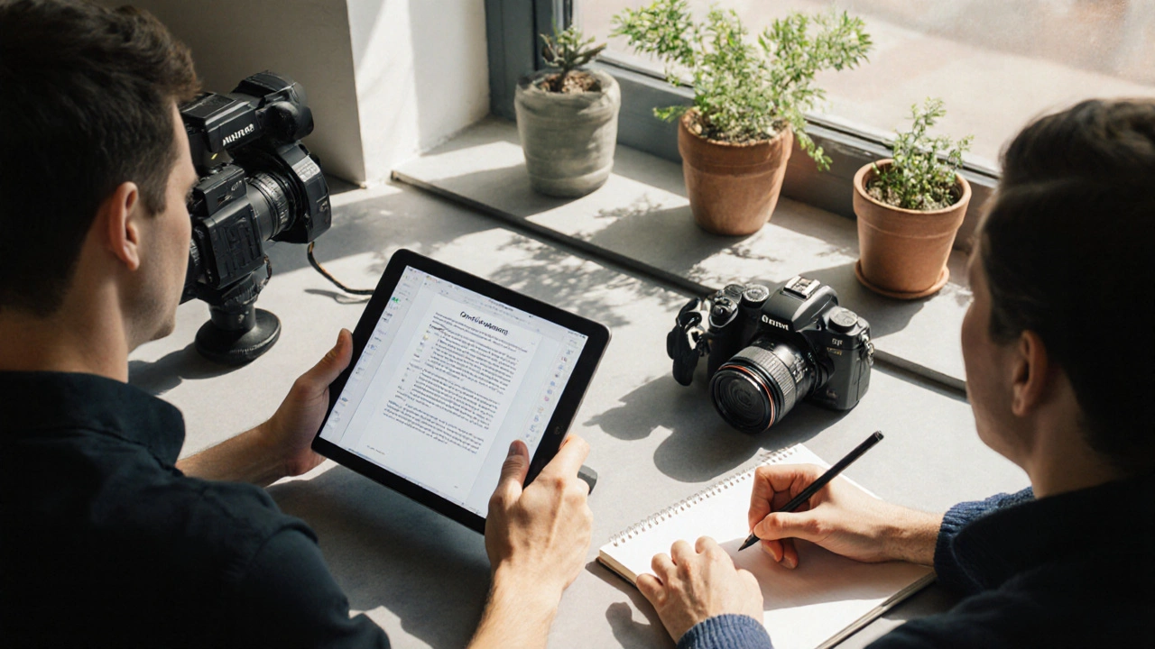 An MFA graduate working simultaneously as editor, filmmaker, and artist in a sunlit home office.