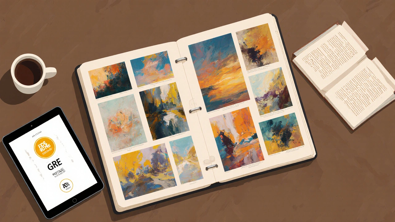Art portfolio spread on a table with GRE score display and study materials.