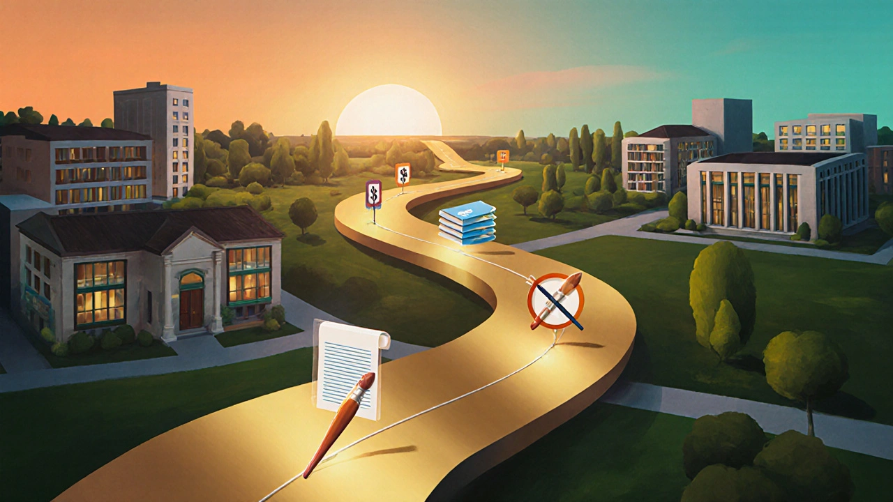 Artistic roadmap with milestones winds through a campus toward a hopeful horizon.