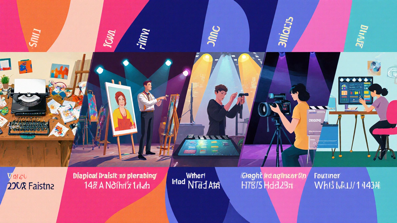 Collage of different MFA fields: writer, painter, actor, filmmaker, and designer in vibrant scenes.