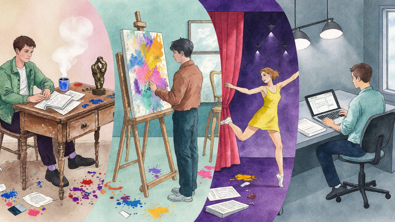 Illustration of four MFA disciplines with students of different ages.