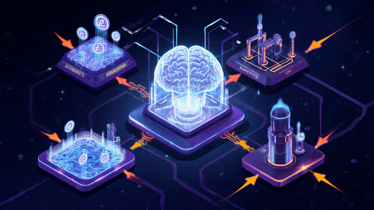 Isometric view of smart contract core linking discovery, allocation, and rebalancing steps.