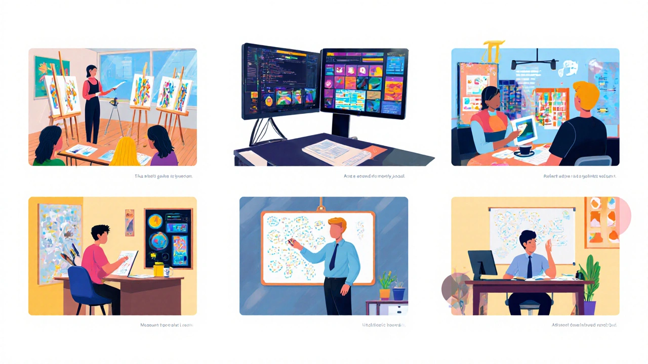 Montage of six MFA career scenes: teaching, graphic design, illustration, museum curation, advertising, and arts administration.