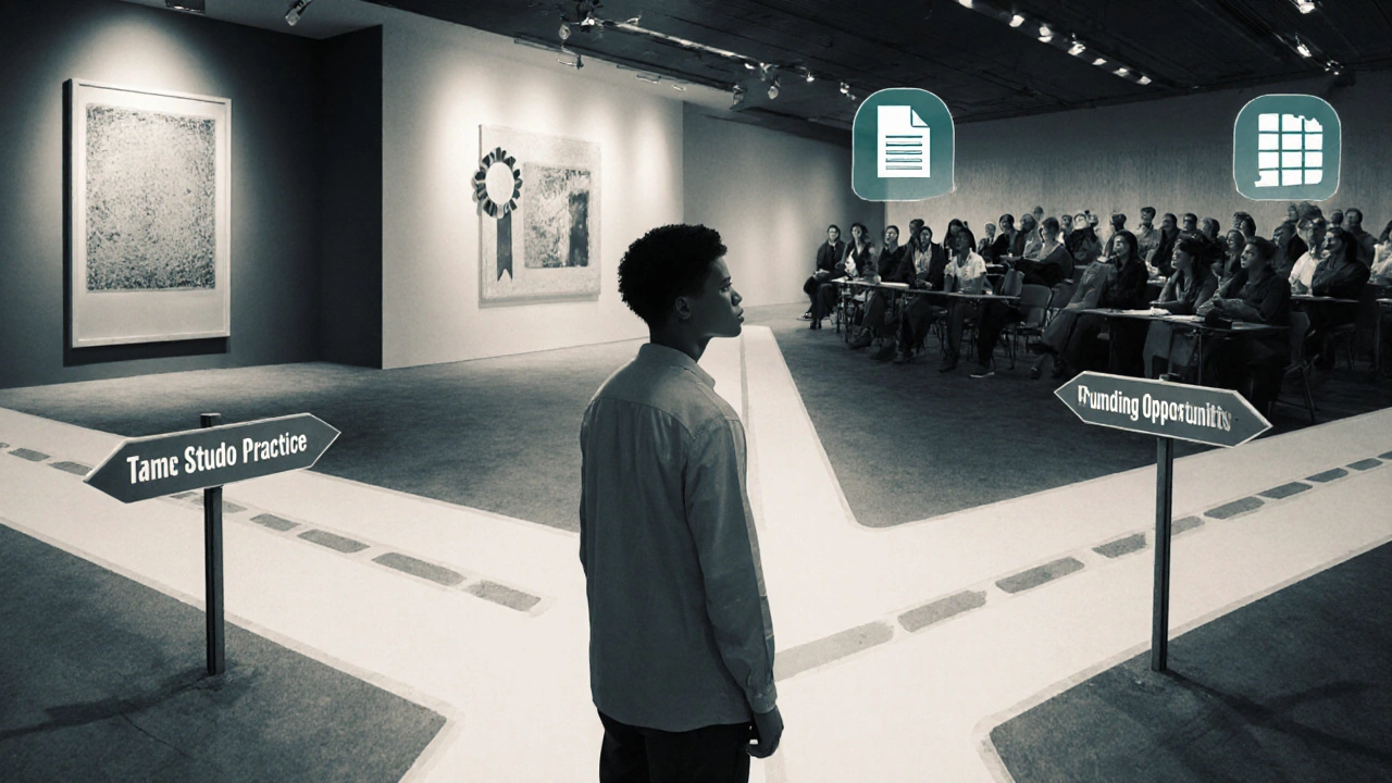 Prospective student at a crossroads visualizing art career, teaching, and funding paths.