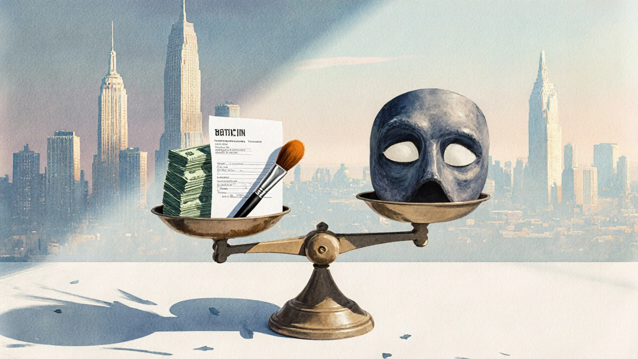 Scale balancing money on one side and art tools on the other, with city skylines in the background.