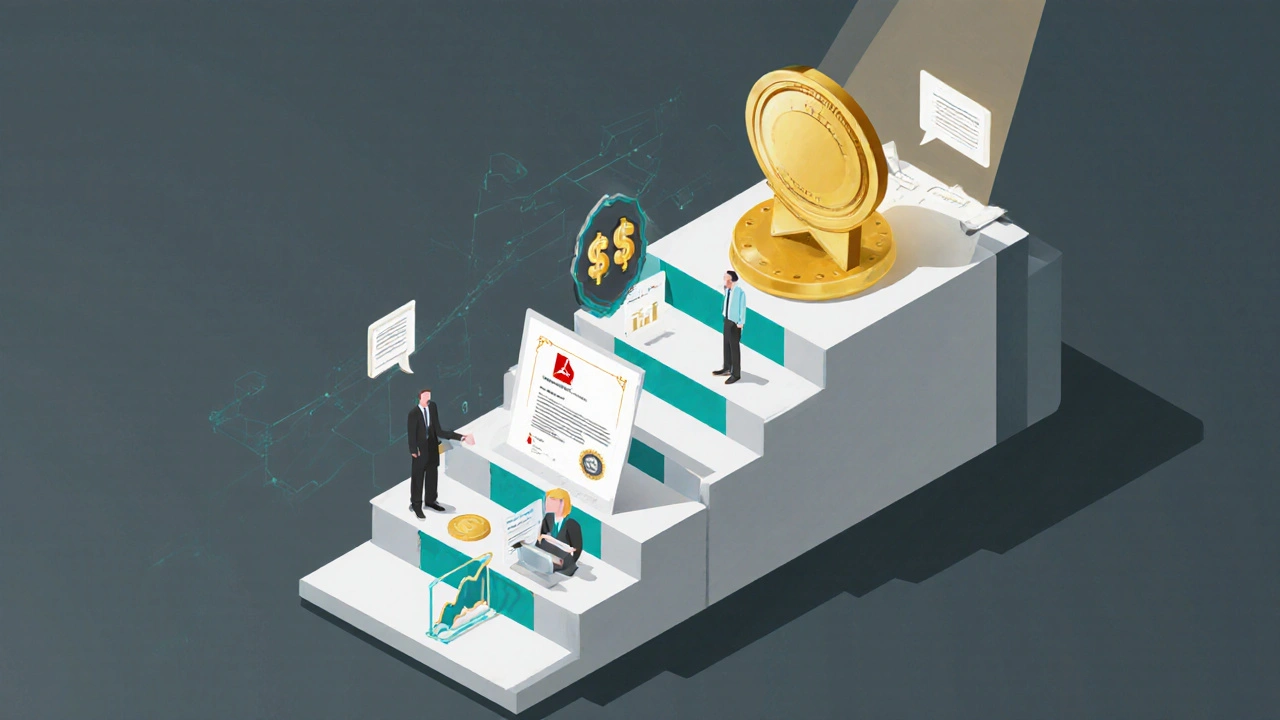 Staircase of digital credentials rising from basic certificate to golden badge, with employer icons and salary graphs along the steps.