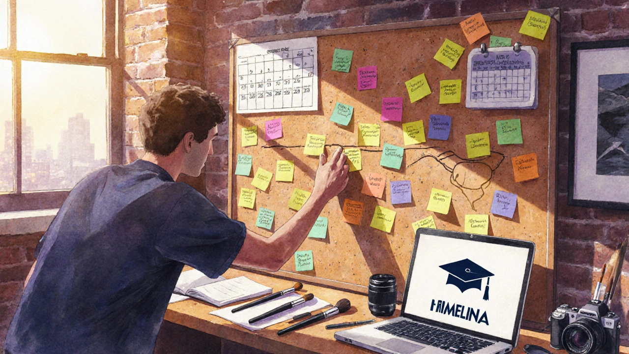 Student planning an MFA timeline on a corkboard with sticky notes, calendar, and art supplies.