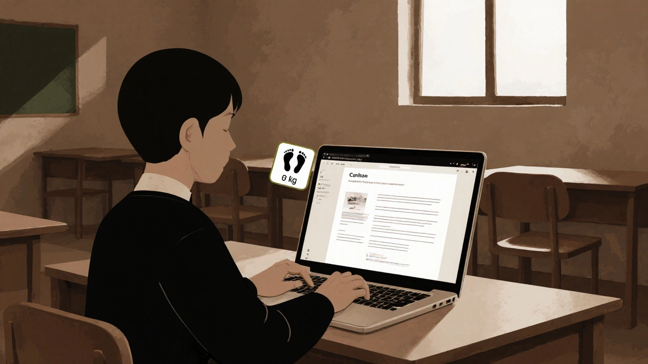 Student using a simple text-based learning platform on an old laptop in a rural classroom.