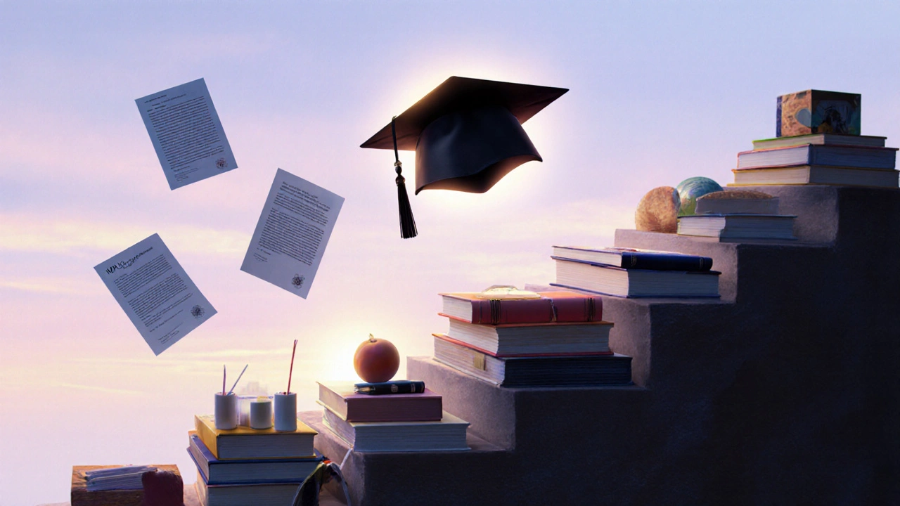 Surreal staircase of books and art leads to a glowing MFA graduation cap.