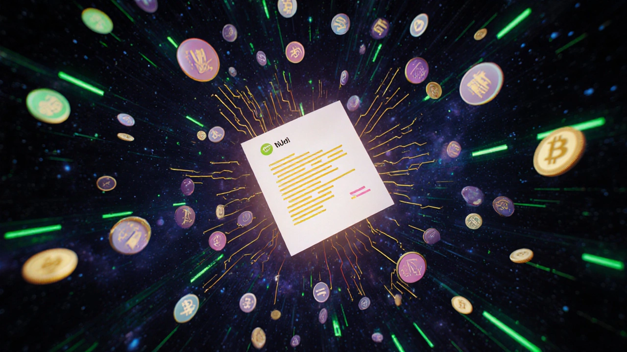 Thousands of voting tokens hovering in space as a smart contract executes a passed proposal.