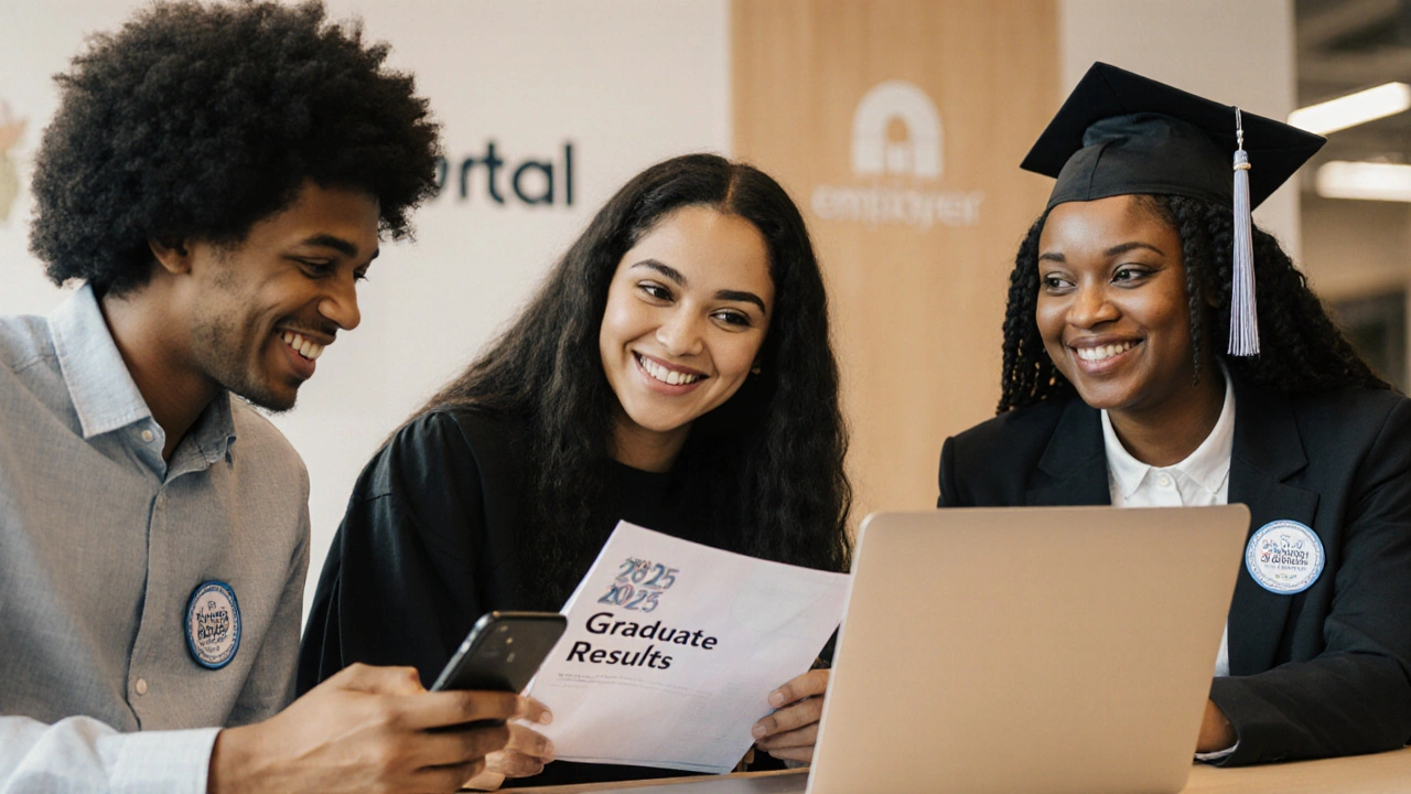 Three graduates sharing their verified credentials on devices in a co-working space, with an outcomes report visible on a table.