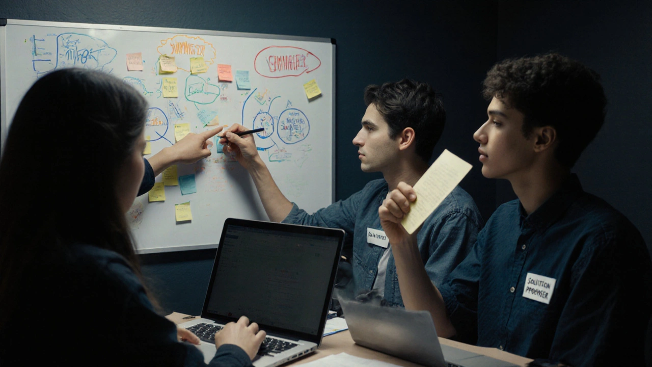 Three students collaborating in virtual breakout rooms using a digital whiteboard and laptops.