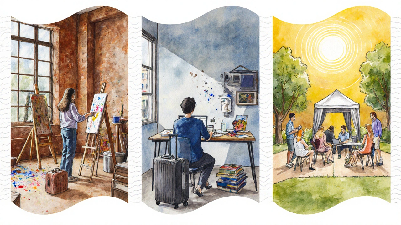 Three watercolor panels show on‑campus studio, home low‑residency work, and summer intensive.
