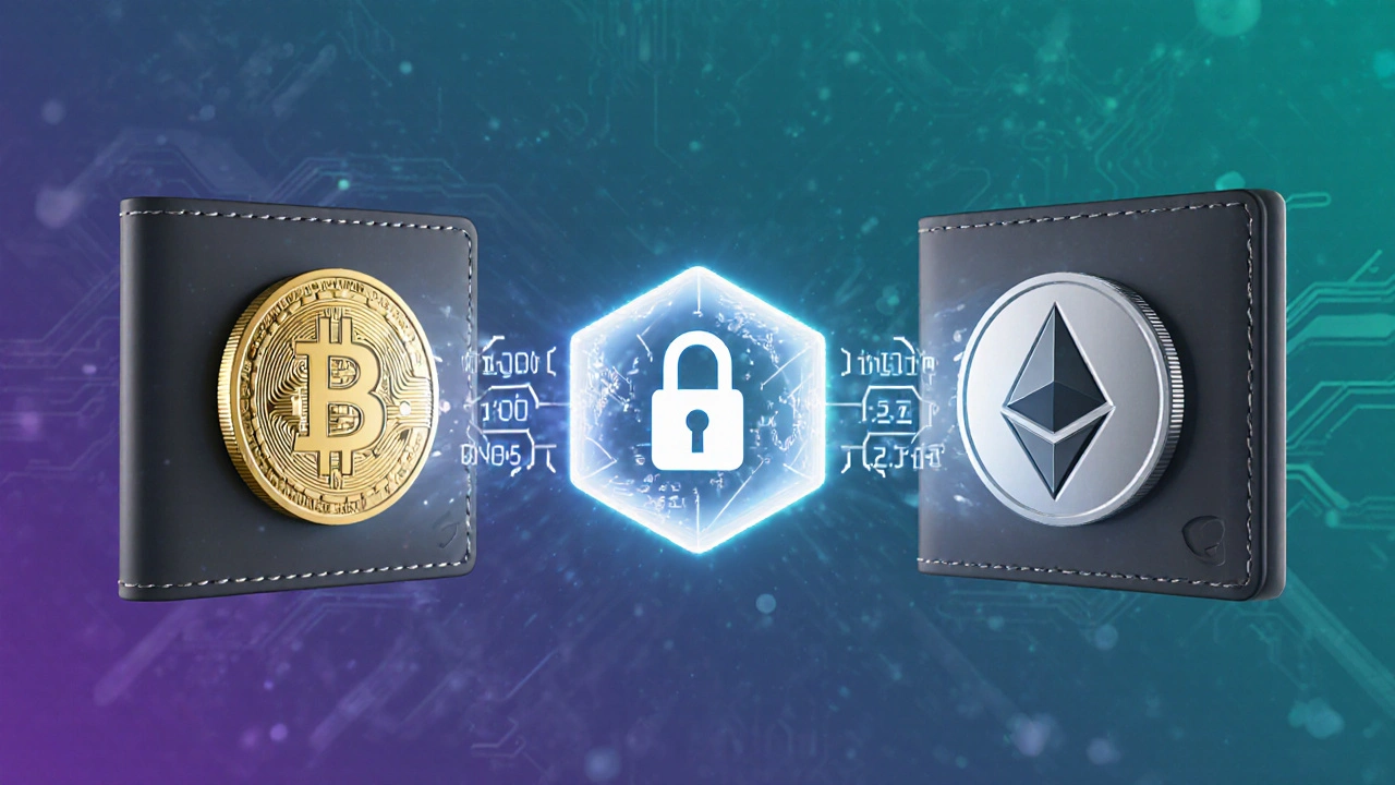 Two digital wallets exchanging tokens through a glowing atomic swap contract.