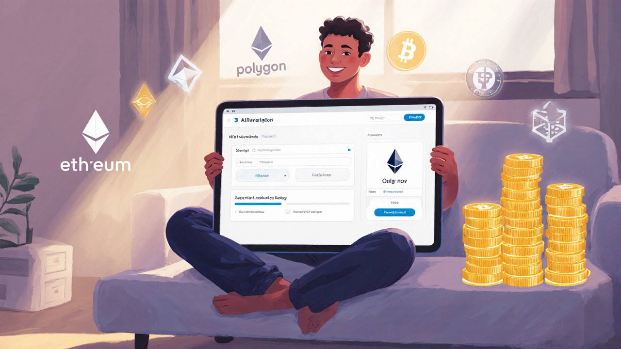 User on couch using tablet dashboard, depositing funds and receiving glowing receipt tokens.