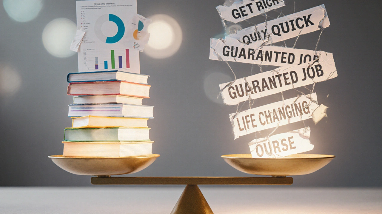 A balance scale weighing real student outcomes against crumbling false promises in an educational setting.