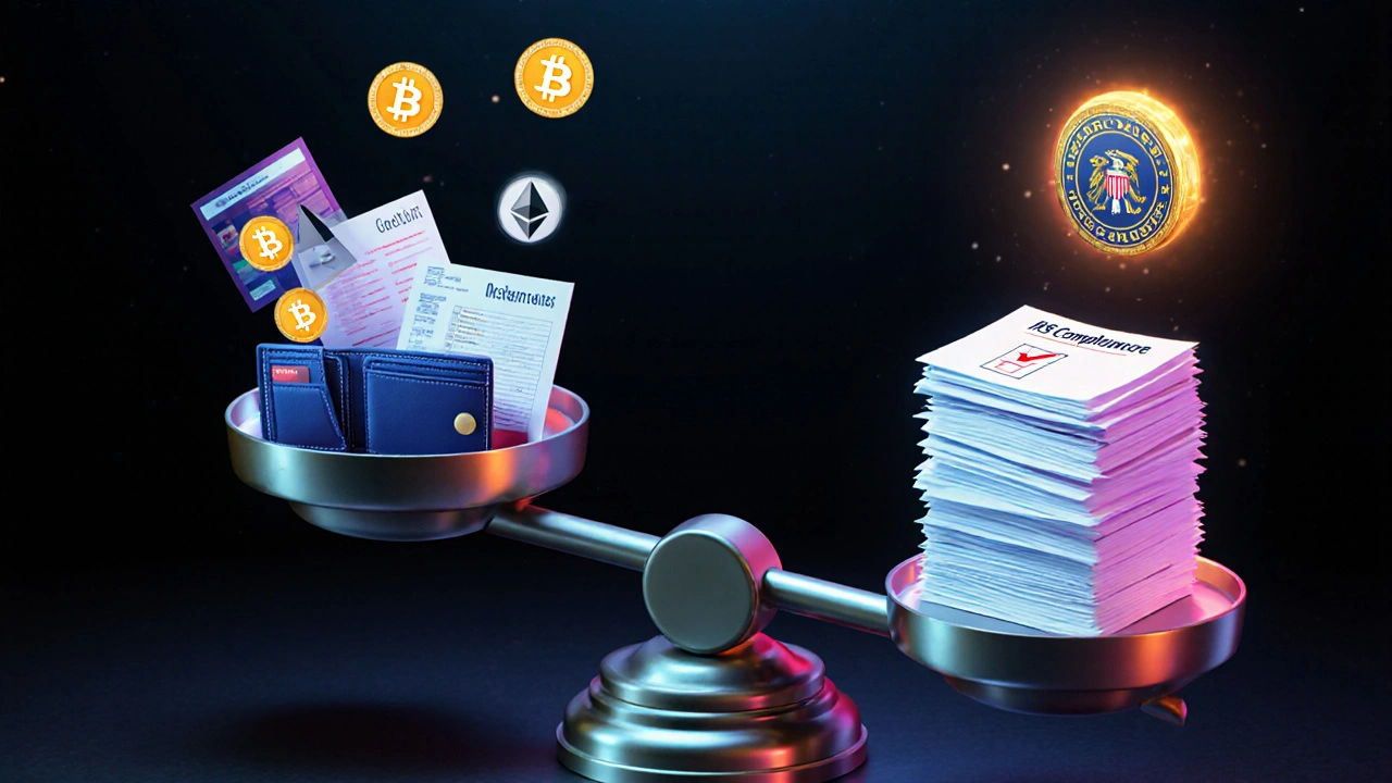 A giant scale balancing crypto assets against compliance documents, with an IRS seal above, symbolizing tax audit risk.