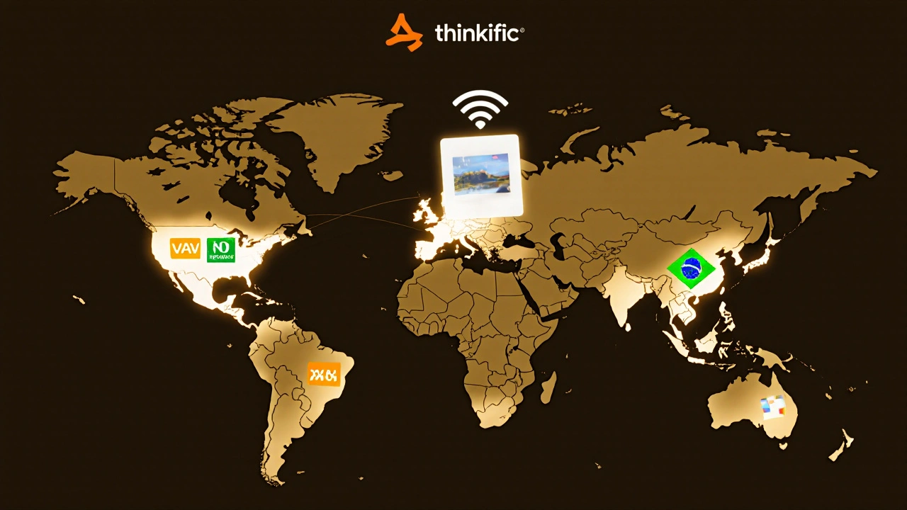 A global map with glowing tax icons marking countries where digital course taxes apply, centered on Thinkific’s logo.