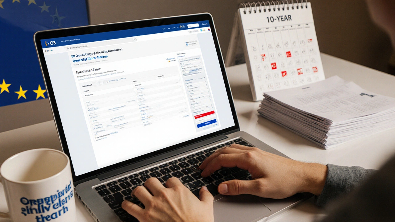 A laptop displaying the EU OSS portal confirmation with tax reports and quarterly calendar reminders on a tidy desk.