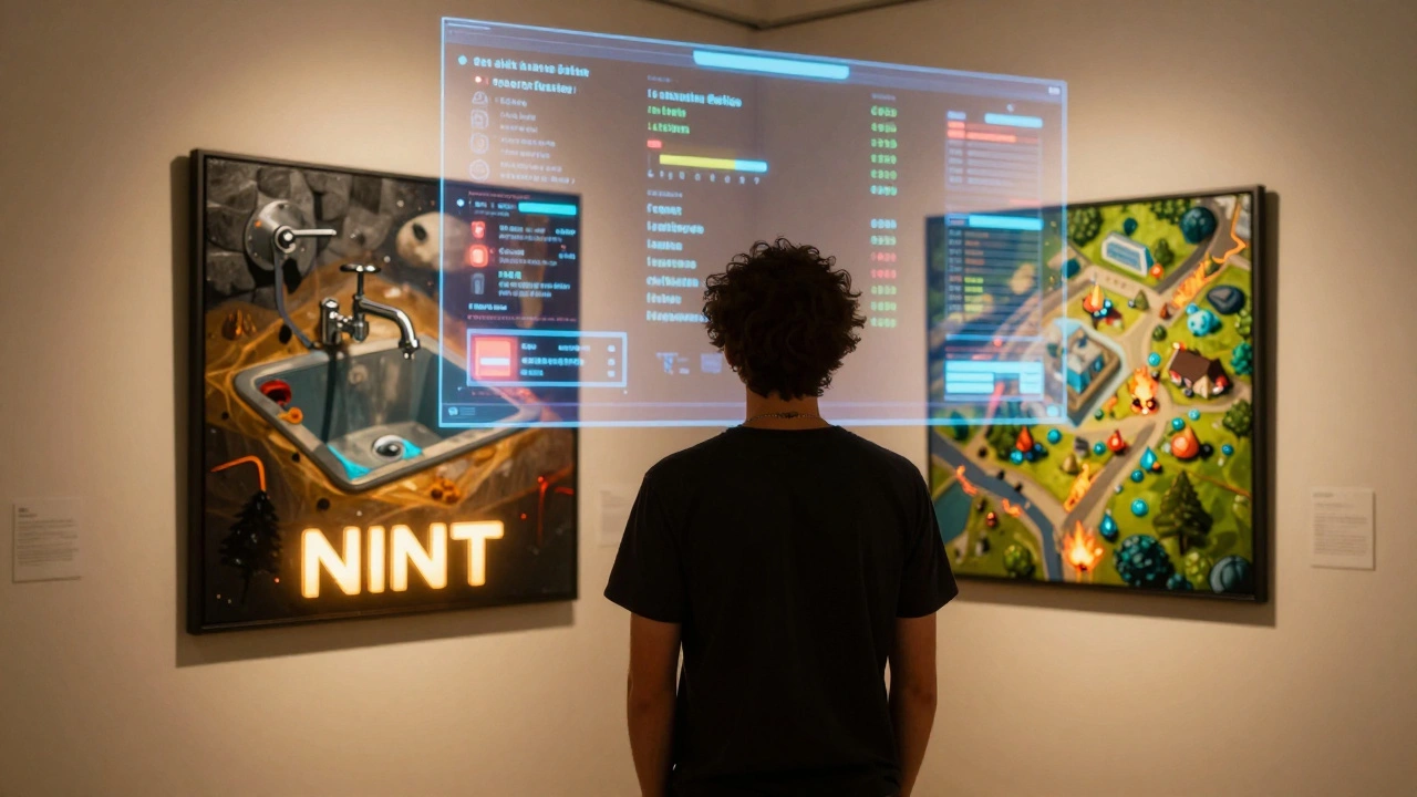 A player admires their custom NFT art in a virtual gallery, with an AI dashboard showing real-time economic metrics behind them.