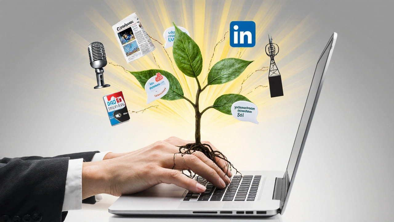 A seedling growing from a laptop into a tree with media icons as roots, symbolizing organic media impact.