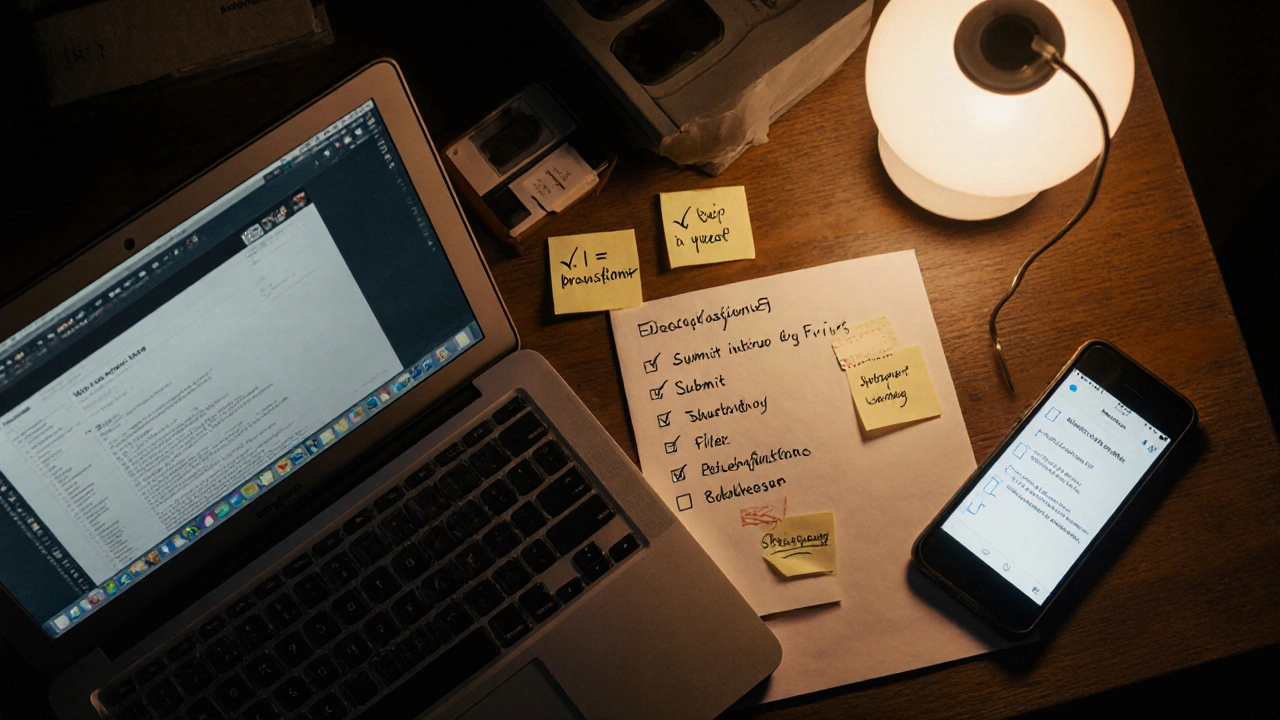 A student&#039;s desk at night with laptop open to a syllabus, sticky notes, and phone notification.