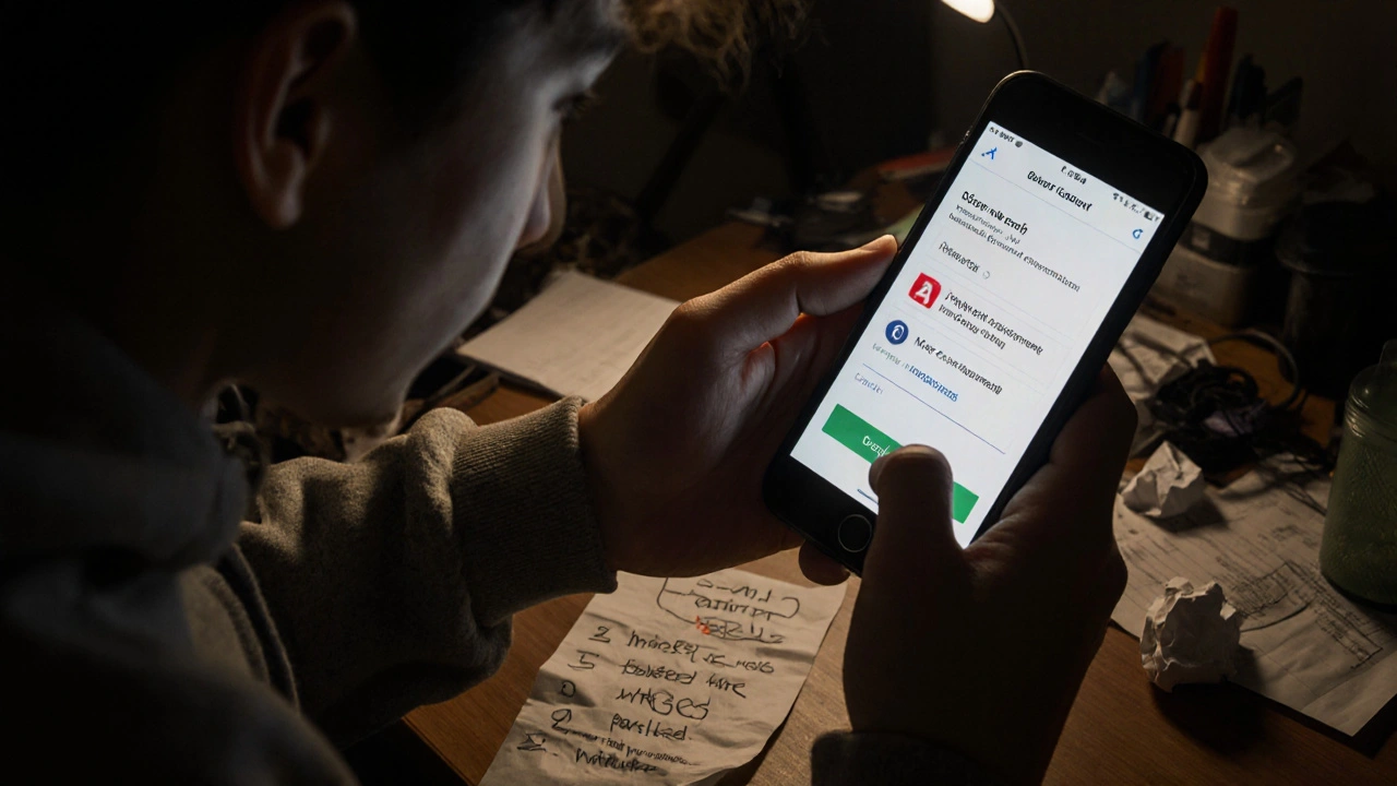 A student struggling with a confusing LMS interface on a smartphone at home.