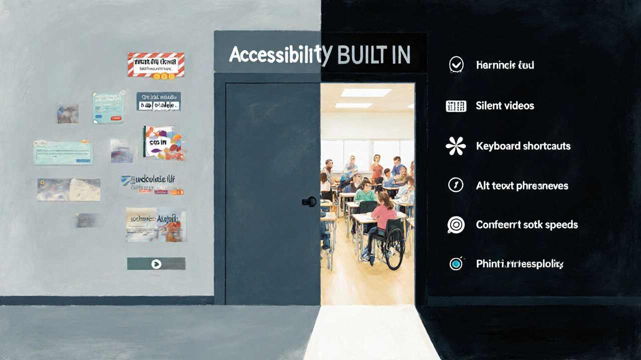 A symbolic door opening from inaccessible barriers to an inclusive learning environment with accessibility features.