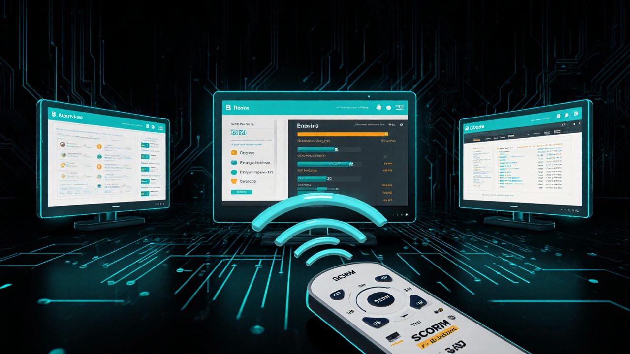 A universal remote labeled SCORM controlling three different LMS platforms with synchronized course progress.