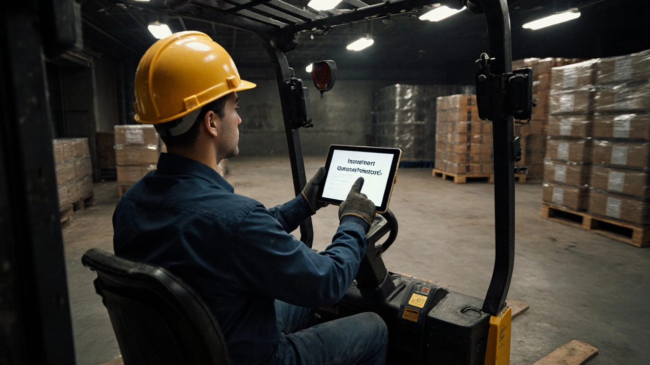 A warehouse worker completes a microlearning quiz on a tablet mounted to a forklift.