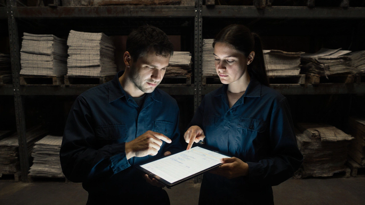 A warehouse worker learning to use a new inventory tablet with peer support.
