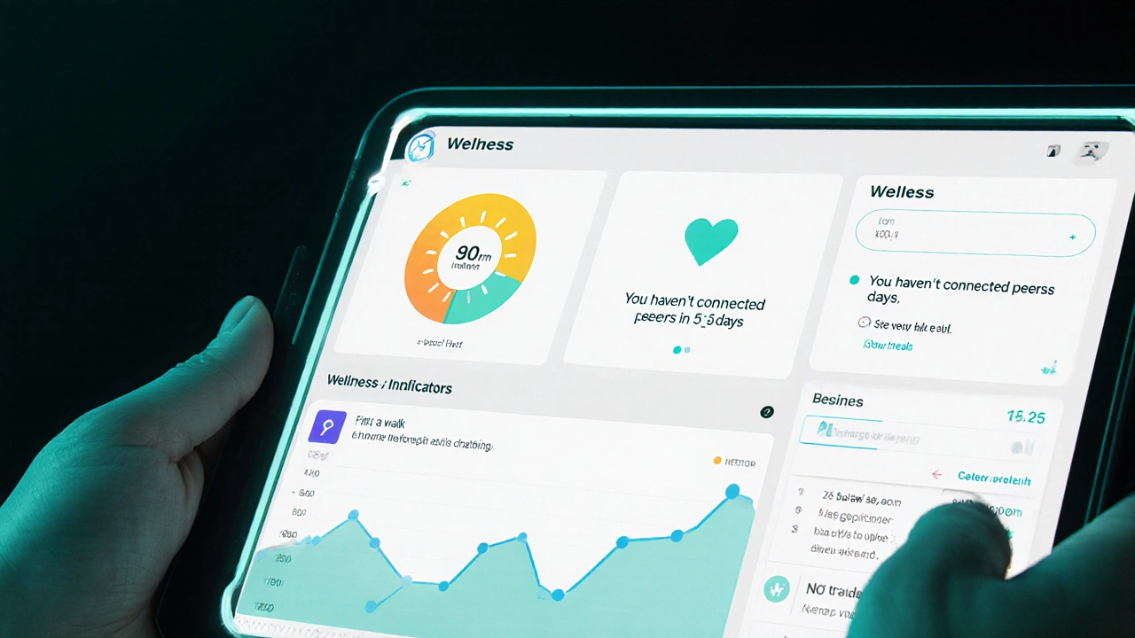 A wellness-focused digital dashboard displays gentle health prompts alongside academic data, no text visible.