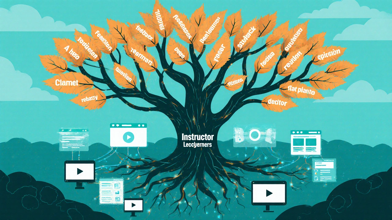 An abstract tree diagram symbolizing peer learning and co-teaching, with glowing connections between instructor and students.
