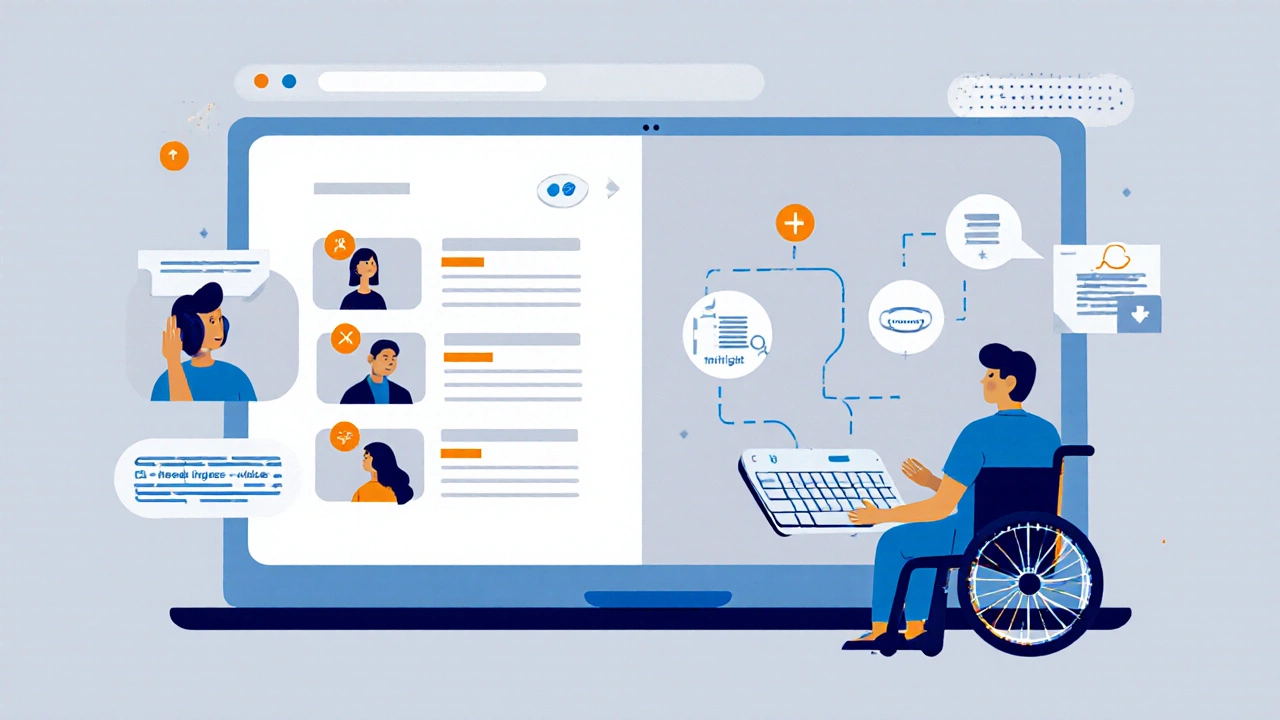 An accessible course interface with large buttons, clear headings, and keyboard navigation paths highlighted in glowing lines.