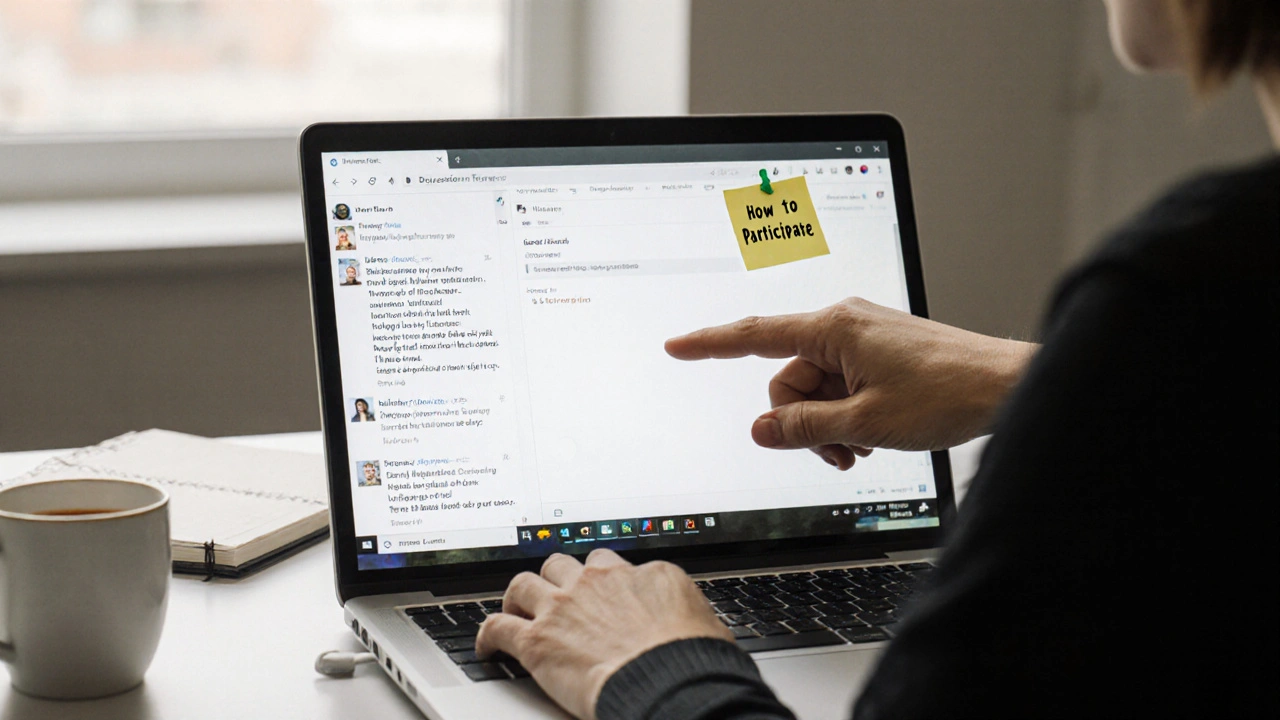 An instructor encouraging a quiet student to participate by pointing at a well-organized discussion thread on a laptop.