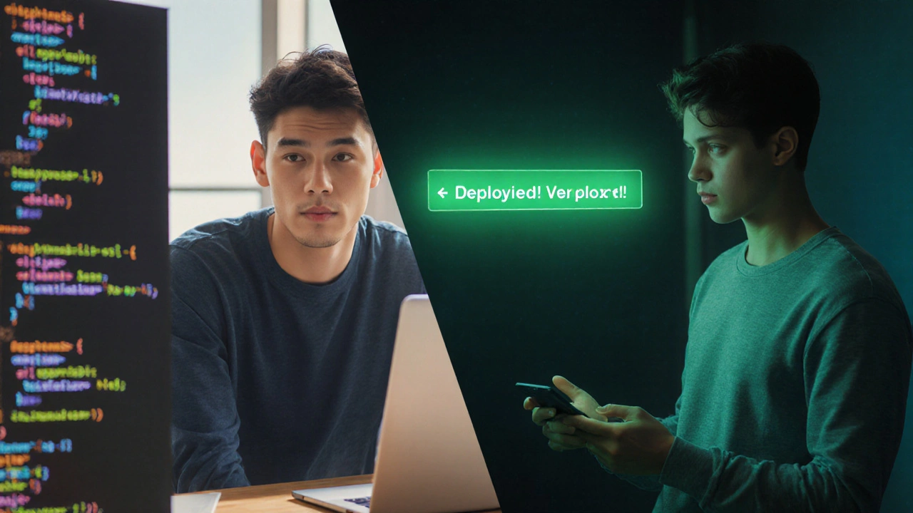 Before and after scene: beginner coder transforming into confident developer deploying a live web app.