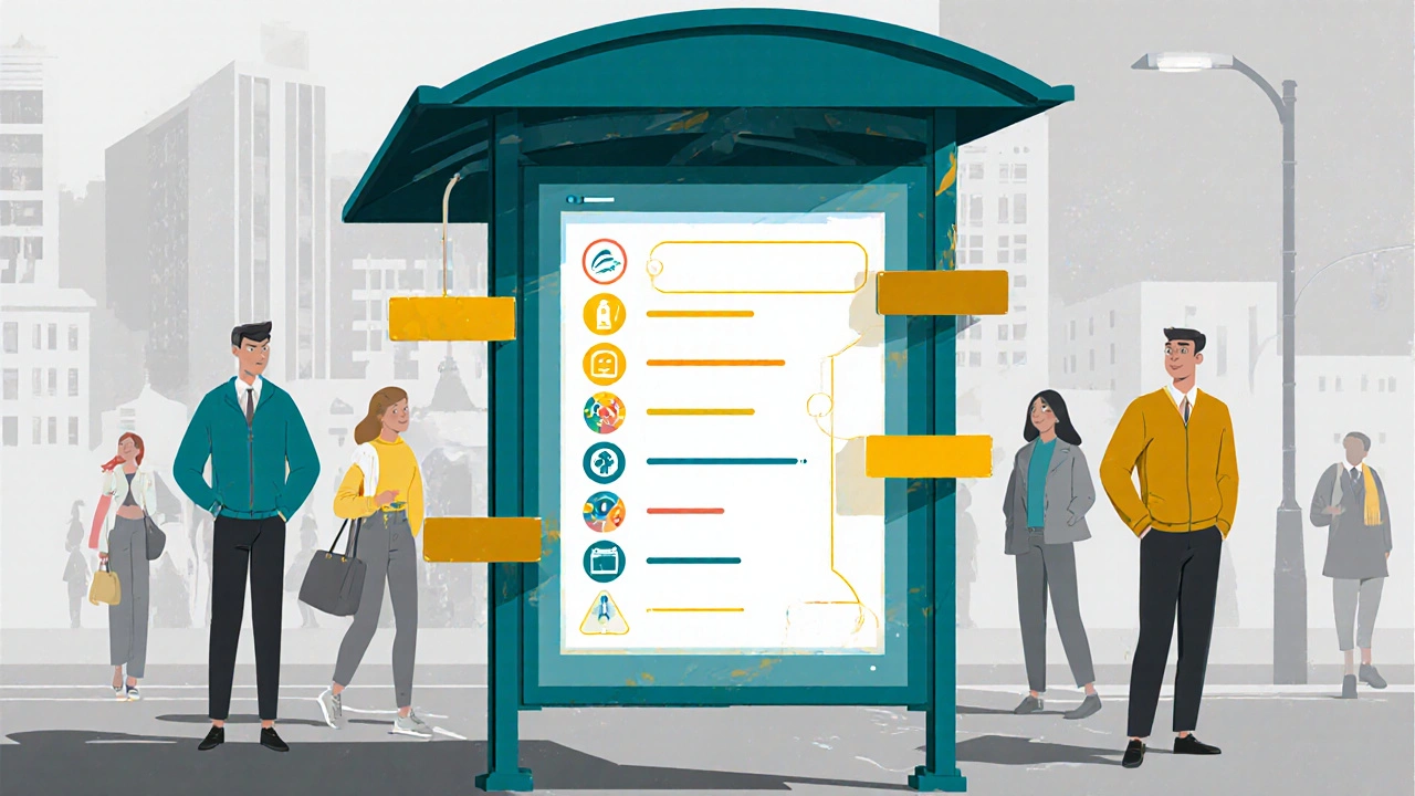 Bus shelter poster evolving into a digital interface with clear icons and color-coded information.