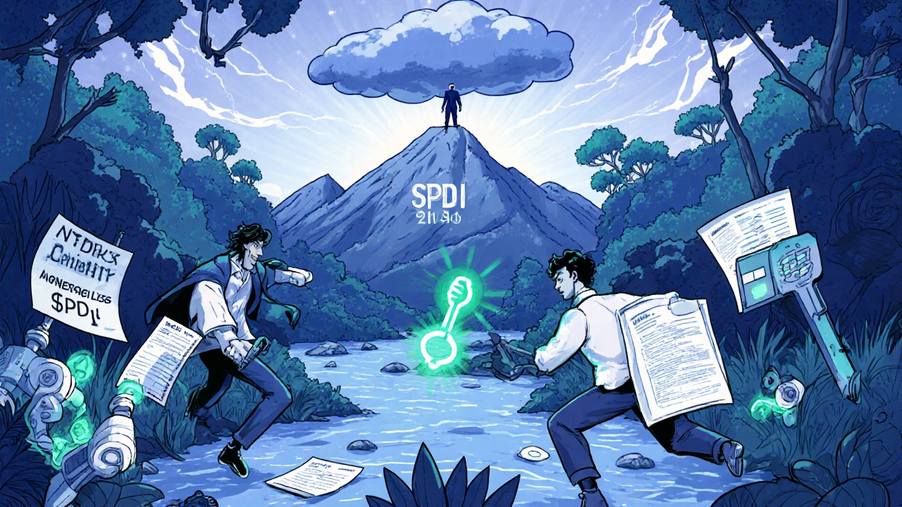 Comic book style crypto team battling regulatory jungle, Wyoming mountain glowing, California deadline storm above.